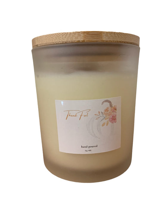 Thankful 14 oz Soy Candle in Frosted Container w/Bamboo Lid