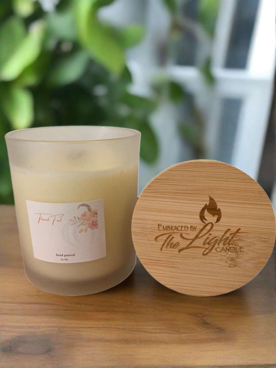 Add some warmth and positivity to your home with our 14 oz Thankful Fragranced Soy Candle. This candle is perfect for creating a cozy atmosphere and infusing your space with a heartwarming, thankful scent.